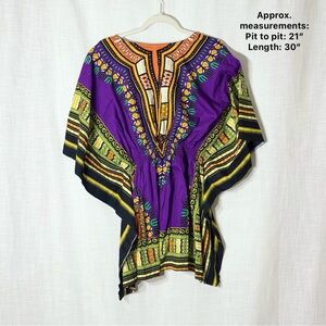 Purple Dashiki Tunic Kaftan Top 100% Cotton Smocked Waist Boho Festival